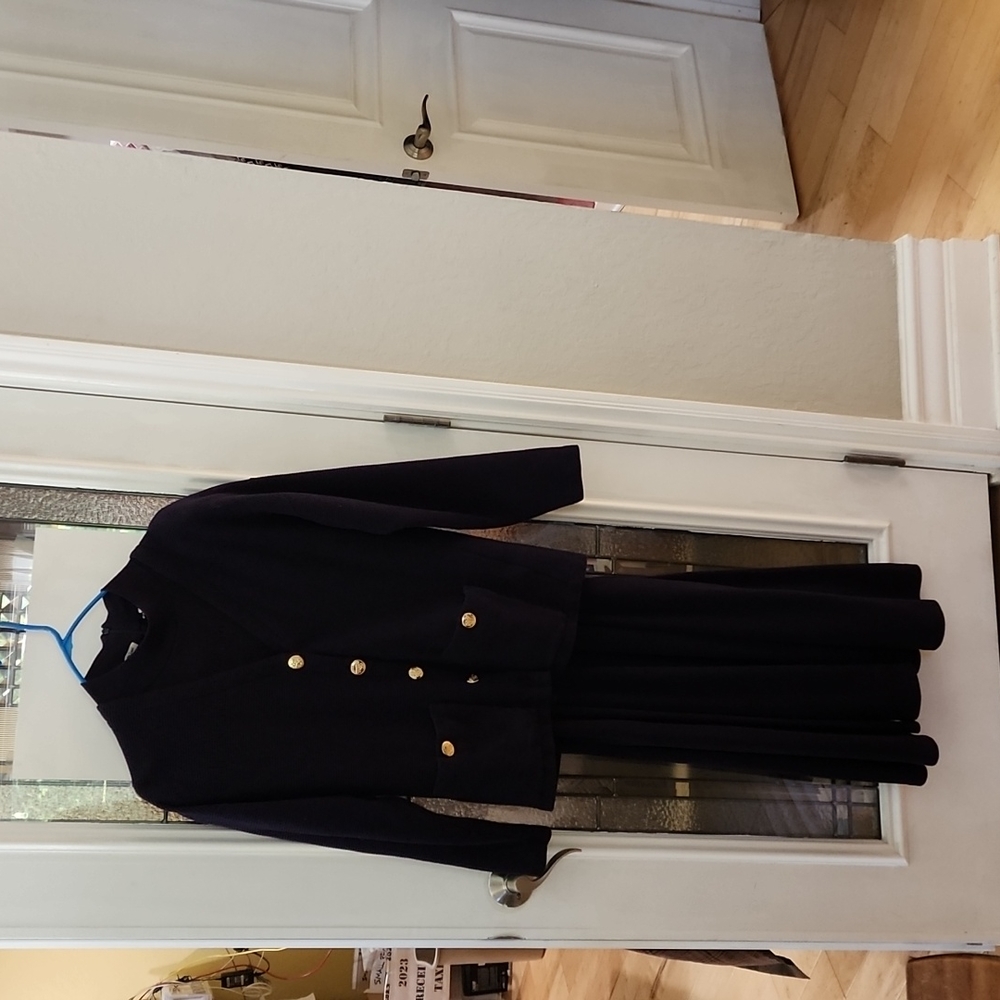 Talbott size medium jacket dress, 100% cotton in navy blue with brass bottons